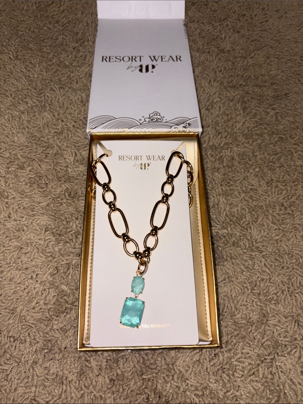 NK 23162. Resort Wear Gold Chain Necklace with Aqua Gem Pendant